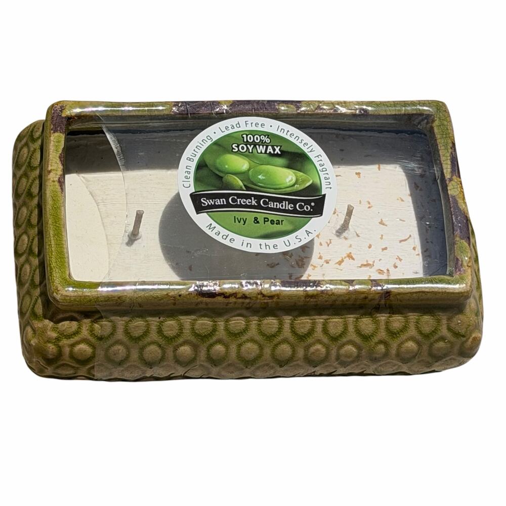 Swan Creek Candle Company Ivy & Pear Candle HTF Green Ceramic Pot Rectangle NOS